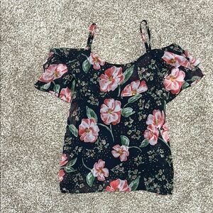 CAbi Black and Pink Floral Ruffled Blouse